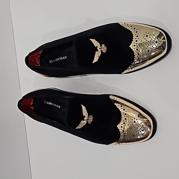 ELANROMAN Men's Sz EU 45 US 11 Black Velvet Gold Eagle Loafer formal Dressy - Picture 3 of 11